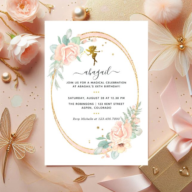 Mjölkhaltig Blommigt  och Guld Födelsedagsfest Inbjudningar (Fairy-Themed Floral Gold Birthday Party Photo Invitation)