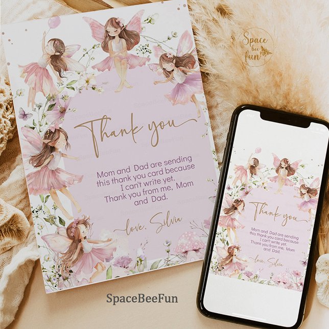 Mjölkmjölk Födelsedagsfest Tack Kort (fairy birthday invitation,thank you cards,garden boho birthday invite, pink fairy birthday invite, e)
