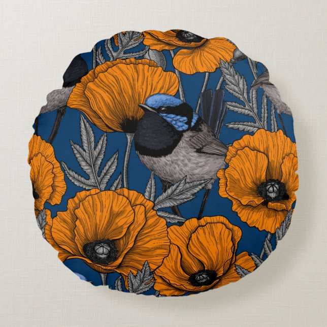 Mjölksporn och orange av vallmoblommor rund kudde (Framsidan)