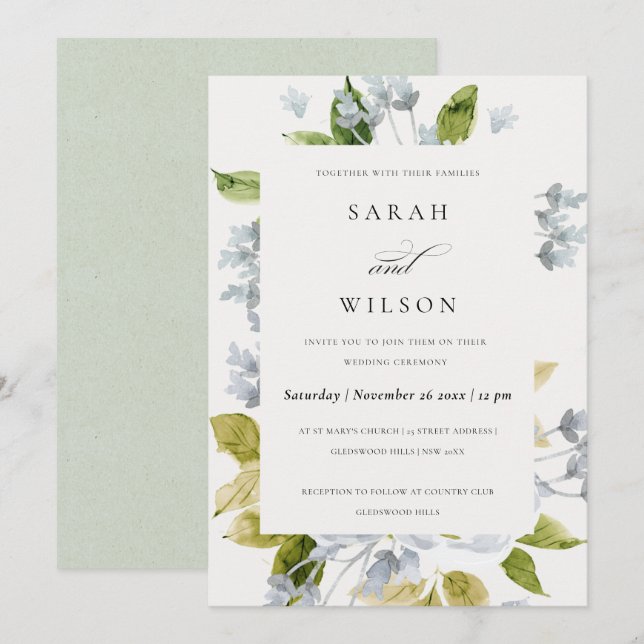 MJÖLKVATTENFÄRGENS BABY BLUE VATTENFÄRG BLOMMIGT B INBJUDNINGAR (Fram/baksida)