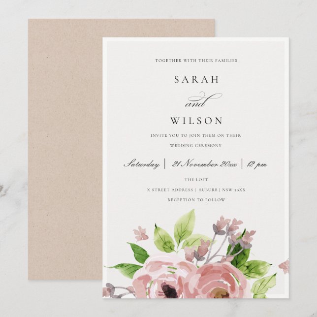 MJÖLKVATTENFÄRGENS  ROSA BRÖLLOP BLOMMIGT INBJUDNINGAR (Fram/baksida)