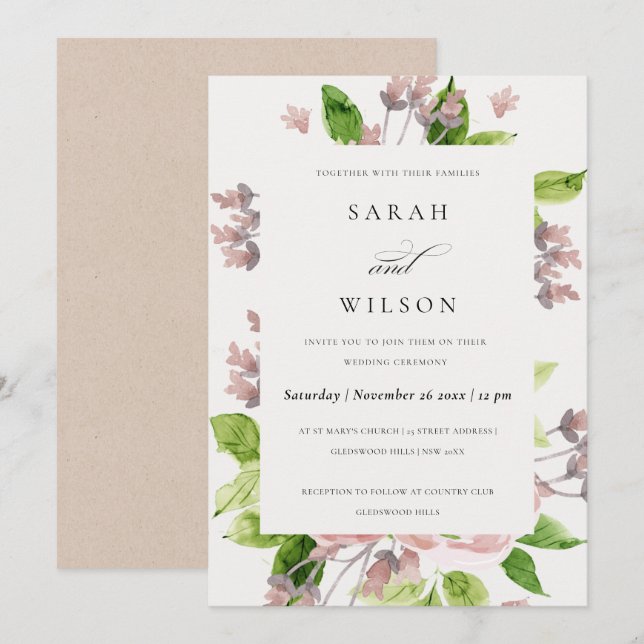 MJÖLKVATTENFÄRGENS  ROSA BRÖLLOP BLOMMIGT INBJUDNINGAR (Fram/baksida)