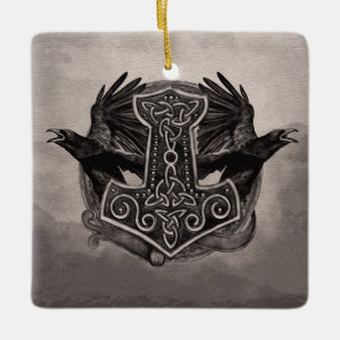 Mjolnir bulta av thoren och ravens julgransprydnad keramik