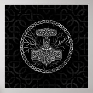 Mjolnir - hammaren Thor och Livets träd Poster