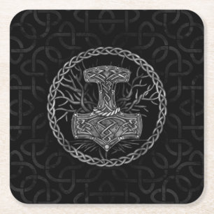 Mjolnir - hammaren Thor och Livets träd Underlägg Papper Kvadrat