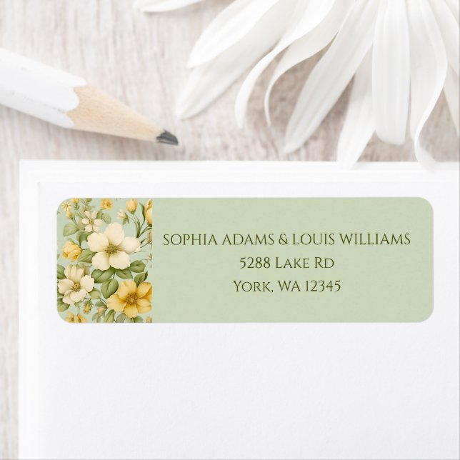Mjuk adressetikett för grönt och beige blommigt br returadress etikett (Insitu)