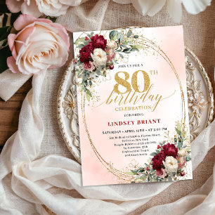 Mjuk akvarell Burgundy Blomstermotiv 80-årsdag Inbjudningar