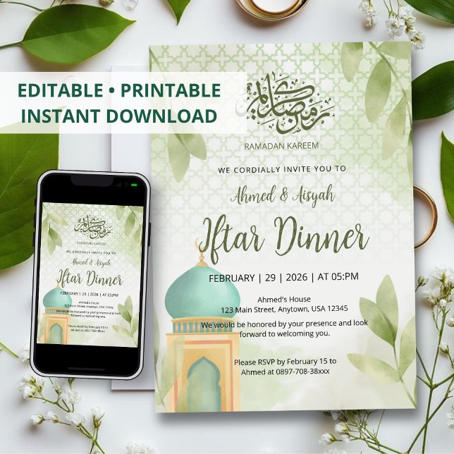 Mjuk akvarell Grön moské Ramadan Iftar middag Inbjudningar (Skapare uppladdad)
