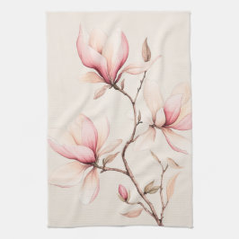 Mjuk akvarell magnolia blommar elegant kökshandduk