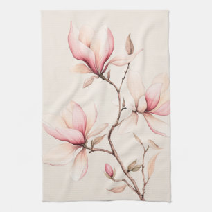 Mjuk akvarell magnolia blommar elegant kökshandduk