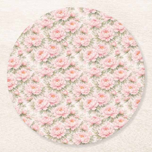 Mjuk akvarell Peony Blommig Sömlös Mönster Underlägg Papper Rund (Framsidan)