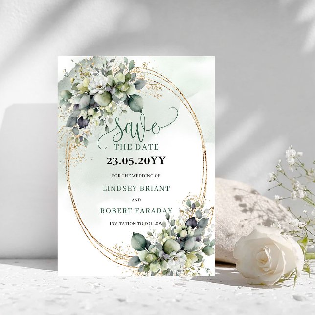 Mjuk akvarellgrönska Bröllop Spara Datum Datumet (Soft Watercolor Greenery Wedding Save The Date)