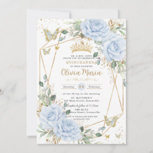 Mjuk Babyblå Blommig Fjärilar Guld Quinceanera Inbjudningar