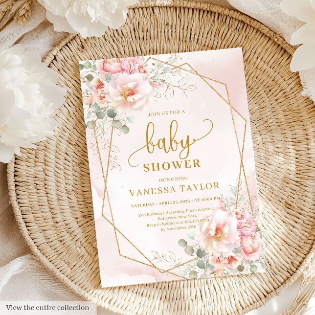 Mjuk  babydusch för blommigten guld glitter inbjudningar (Soft blush pink gold glitter floral baby shower Invitation)