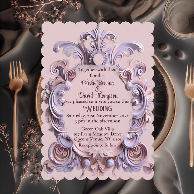 Mjuk Barock Rullverk Lila Gravyrer Elegant  Inbjudningar (Soft Baroque Scrollwork Purple Engravings Elegant Invitation)