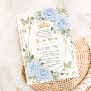 Mjuk Bebis Blå Blommig Fjärilar Guld Quinceanera Inbjudningar