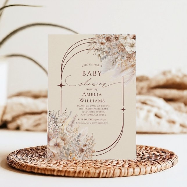 Mjuk Beige Boho Elegant Blommig Båge Bebisens Förs Inbjudningar (Skapare uppladdad)
