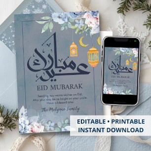 Mjuk Blå Akvarell Blommig Eid Mubarak Hälsning Julkort