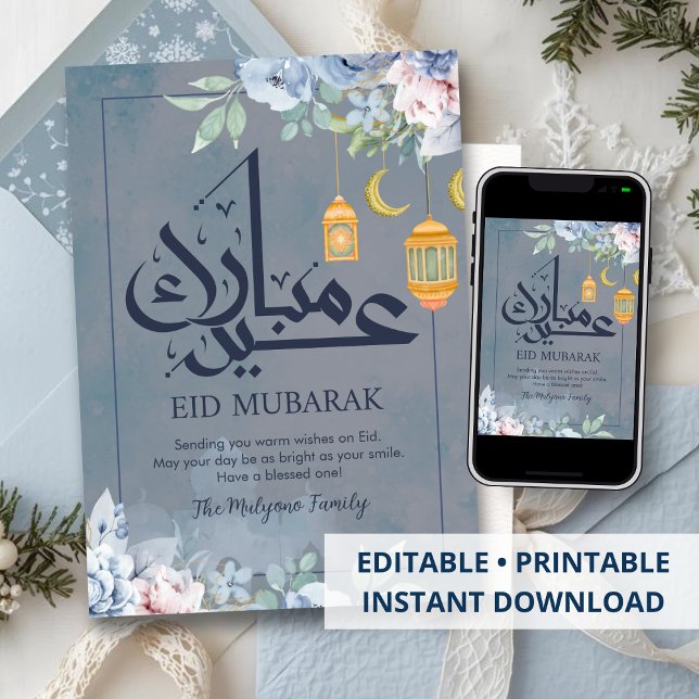 Mjuk Blå Akvarell Blommig Eid Mubarak Hälsning Julkort (Skapare uppladdad)