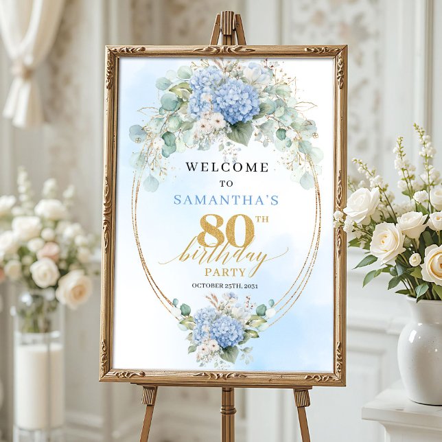 Mjuk Blå Akvarell Guld 80-års välkomsthälsning Poster (Soft Blue Watercolor Gold 80th birthday welcome)