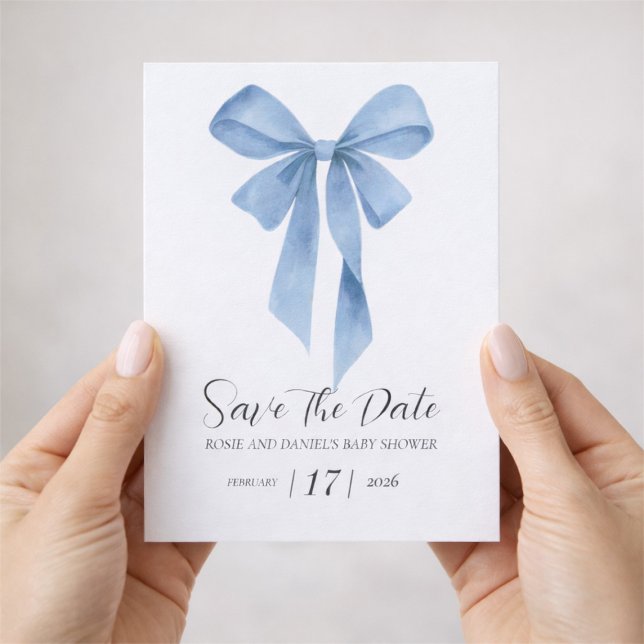 Mjuk Blå Båge Pojke Babyfirande Spara Datumet (Soft Blue Bow Boy Baby Shower Save The Date)