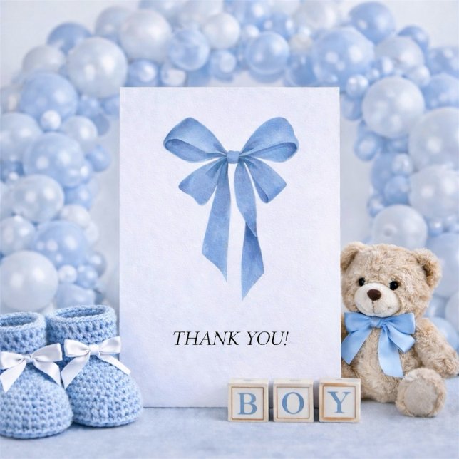 Mjuk Blå Båge Pojke Babyfirande Tack Kort (Soft Blue Bow Boy Baby Shower Thank You Card)