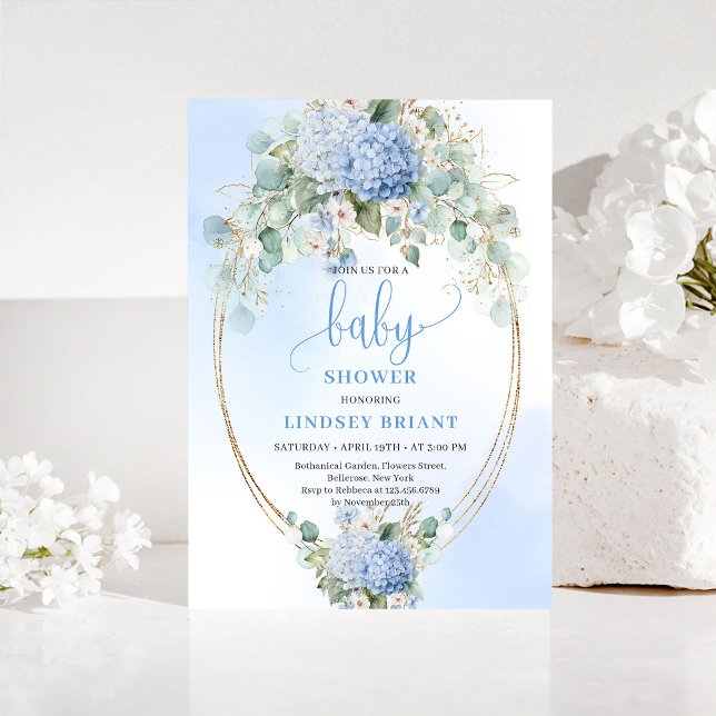 Mjuk Blå Blommig Baby Shower Inbjudan Guld (Soft Blue Floral Baby Shower Invitation Gold)