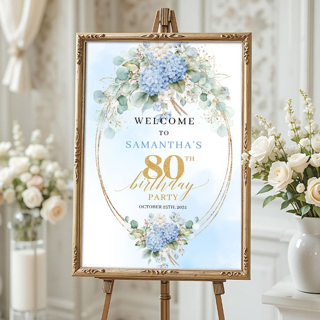 Mjuk Blå Blommig Elegans Guld 80 födelsedags välko Poster (Soft Blue Floral Elegance Gold 80th birthday welcome)
