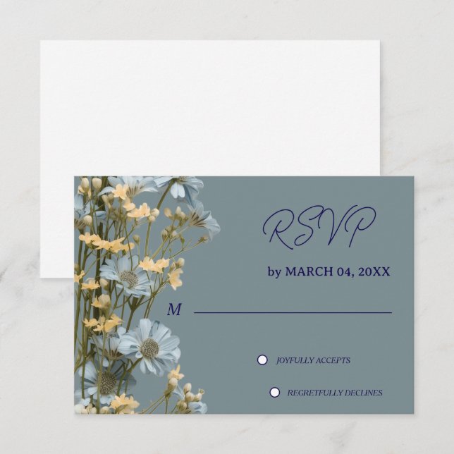 Mjuk Blå Blommig Grå Klassisk Bröllop RSVP OSA Kort (Fram/baksida)