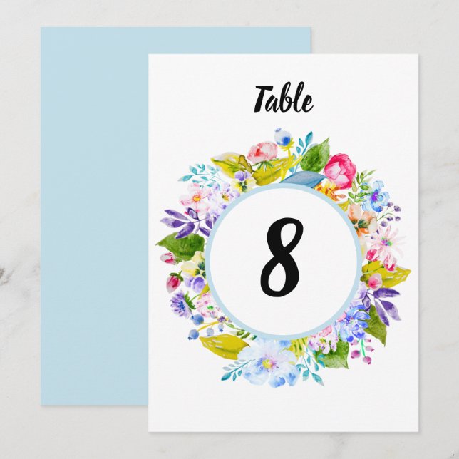 Mjuk Blå Blommig Romantisk Bröllops Bordnummer Inbjudningar (Fram/baksida)