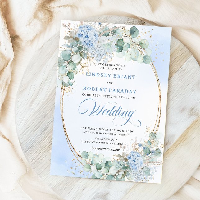 Mjuk Blå Blommig Vete Guld Oval Bröllopsinbjudan Inbjudningar (Soft Blue Floral Wheat Gold Oval Wedding Invitation)