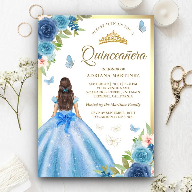 Mjuk blå Blommigt Butterfly Guld Quinceanera Inbjudningar (Skapare uppladdad)