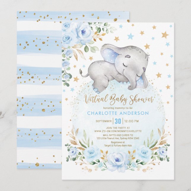 Mjuk blå Blommigt i Guld Elephant Virtuell Baby Sh Inbjudningar (Fram/baksida)