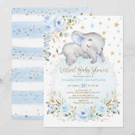 Mjuk blå Blommigt i Guld Elephant Virtuell Baby Sh Inbjudningar