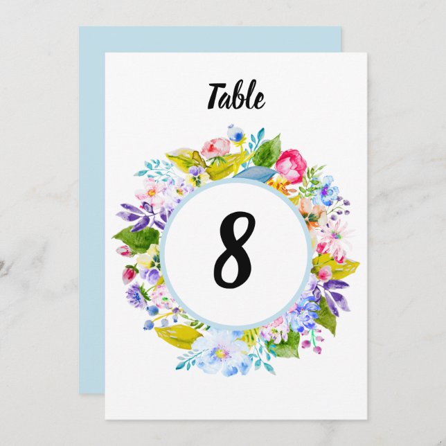 Mjuk blå Blommigt Romantic Bröllop Bordsnummer (Fram/baksida)