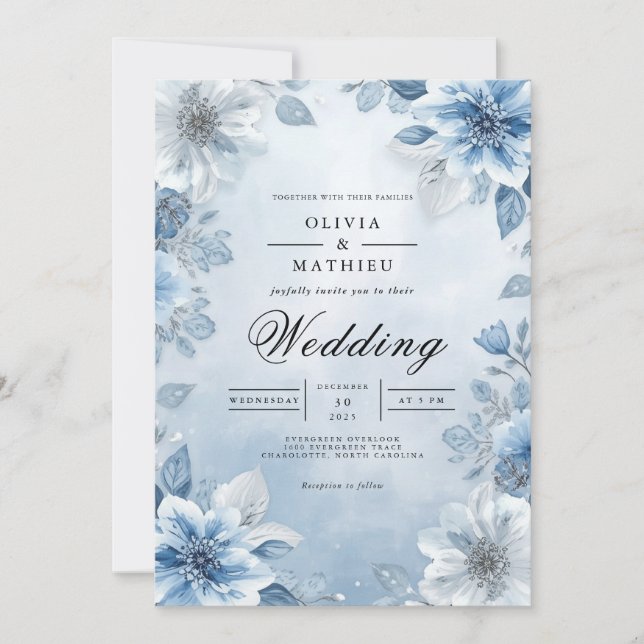 Mjuk blå Blommigt Vattenfärg Bröllop Inbjudningar (Framsida)