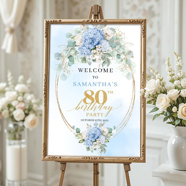 Mjuk Blå Boho Guld Hortensior 80 födelsedags välko Poster (Soft Blue Boho Gold Hydrangeas 80th birthday welcome)