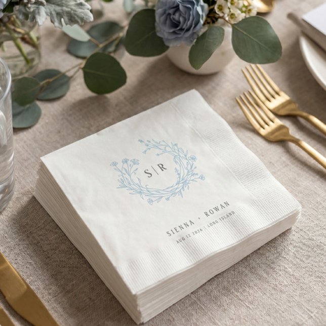 Mjuk Blå Boho Utförlig Monogram Bröllop Pappersservett (Skapare uppladdad)