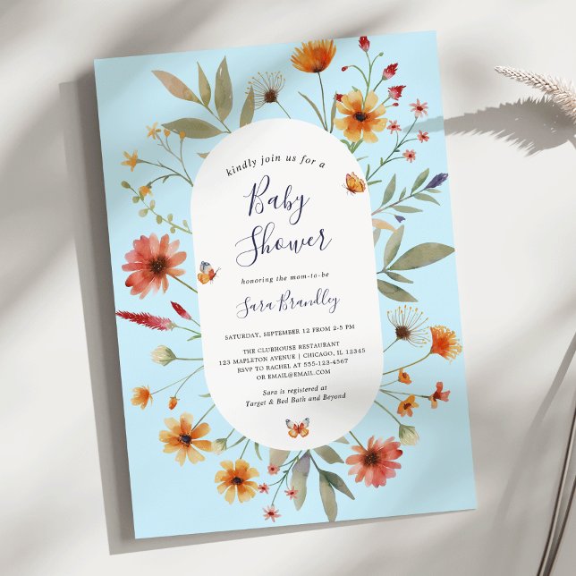 Mjuk blå Boho Watercolor Wildblomma Baby Shower Inbjudningar (Soft Blue Boho Watercolor Wildflowers Butterfly Baby Shower Invitation)