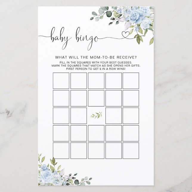 Mjuk Blå Botanisk Bebis Shower Baby Bingo Spel (Framsida)