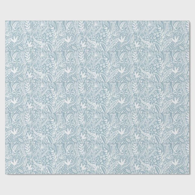 Mjuk Blå Botanisk Inpackningspapper | Elegant Hand Presentpapper (Platt)