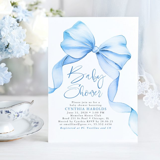 Mjuk blå Bow Cute Pojke Baby Shower Inbjudningar (Blue Bow Ribbon Boy Baby Shower Invitations)