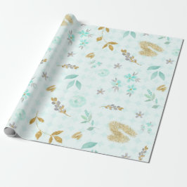 Mjuk Blå Guld Glitter Vattenfärg Blommor Presentpapper