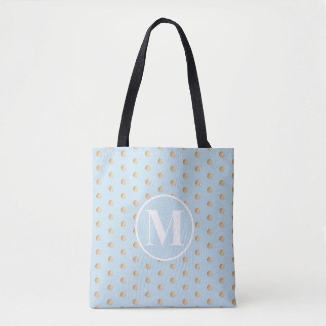Mjuk blå Guld Polka dots White Monogram Tygkasse (Framsida)