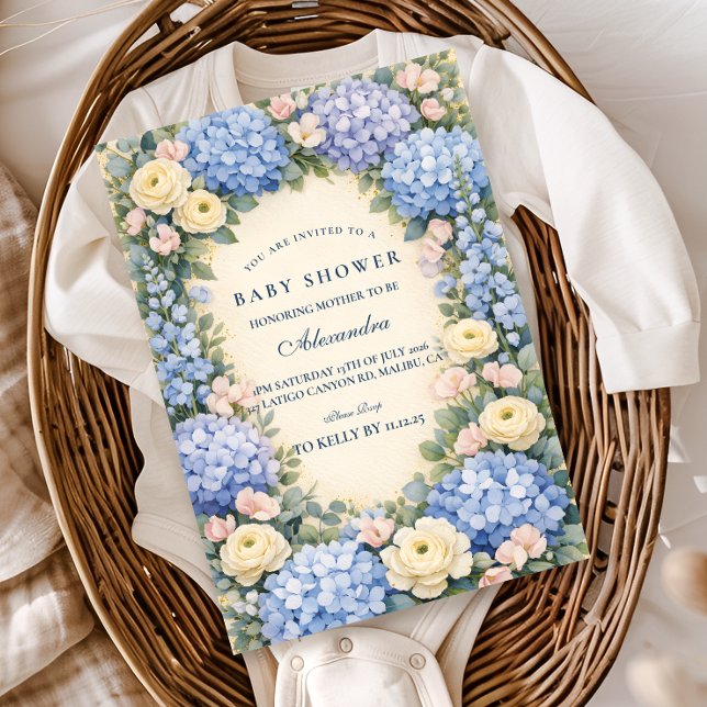 Mjuk Blå Hydrangea Elegans Bebis Shower Inbjudningar (Skapare uppladdad)