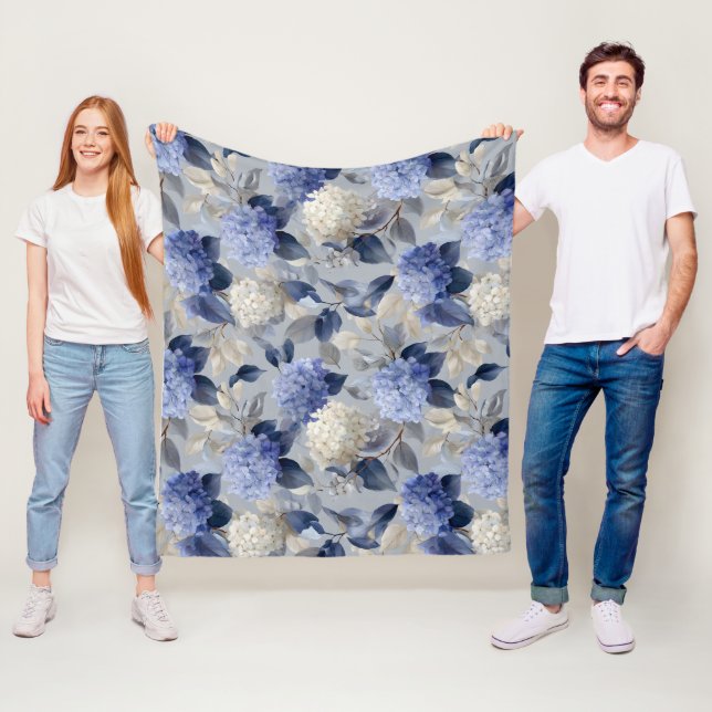 Mjuk Blå Hydrangea Grå Blommönster Fleecefilt (På plats)
