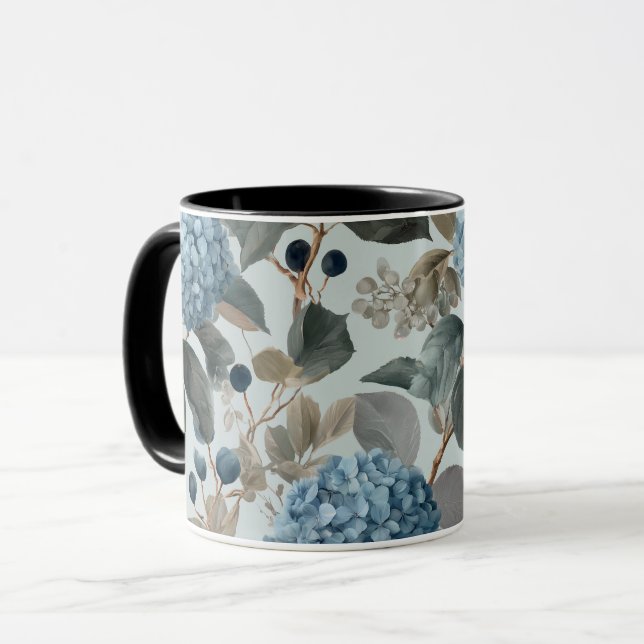 Mjuk Blå Hydrangea Grå Blommönster Mugg (Framsida vänster)