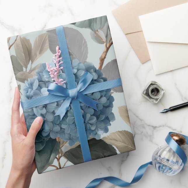 Mjuk Blå Hydrangea Grå Blommönster Presentpapper (Gifting)
