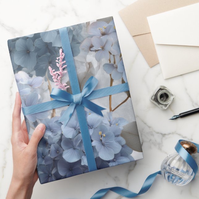 Mjuk Blå Hydrangea Grå Blommönster Presentpapper (Gifting)