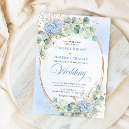 Mjuk Blå Hydrangea Vete Guld Elegant Bröllop Inbjudningar